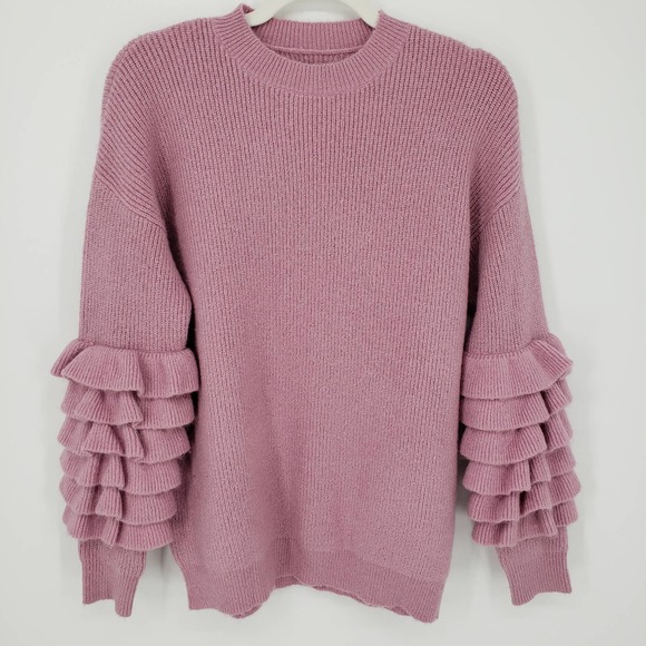 Atoir Ribbed Knit Sweater S Ruffle Long Sleeve Crew Neck Chunky Mauve Pink NWT - Picture 1 of 7